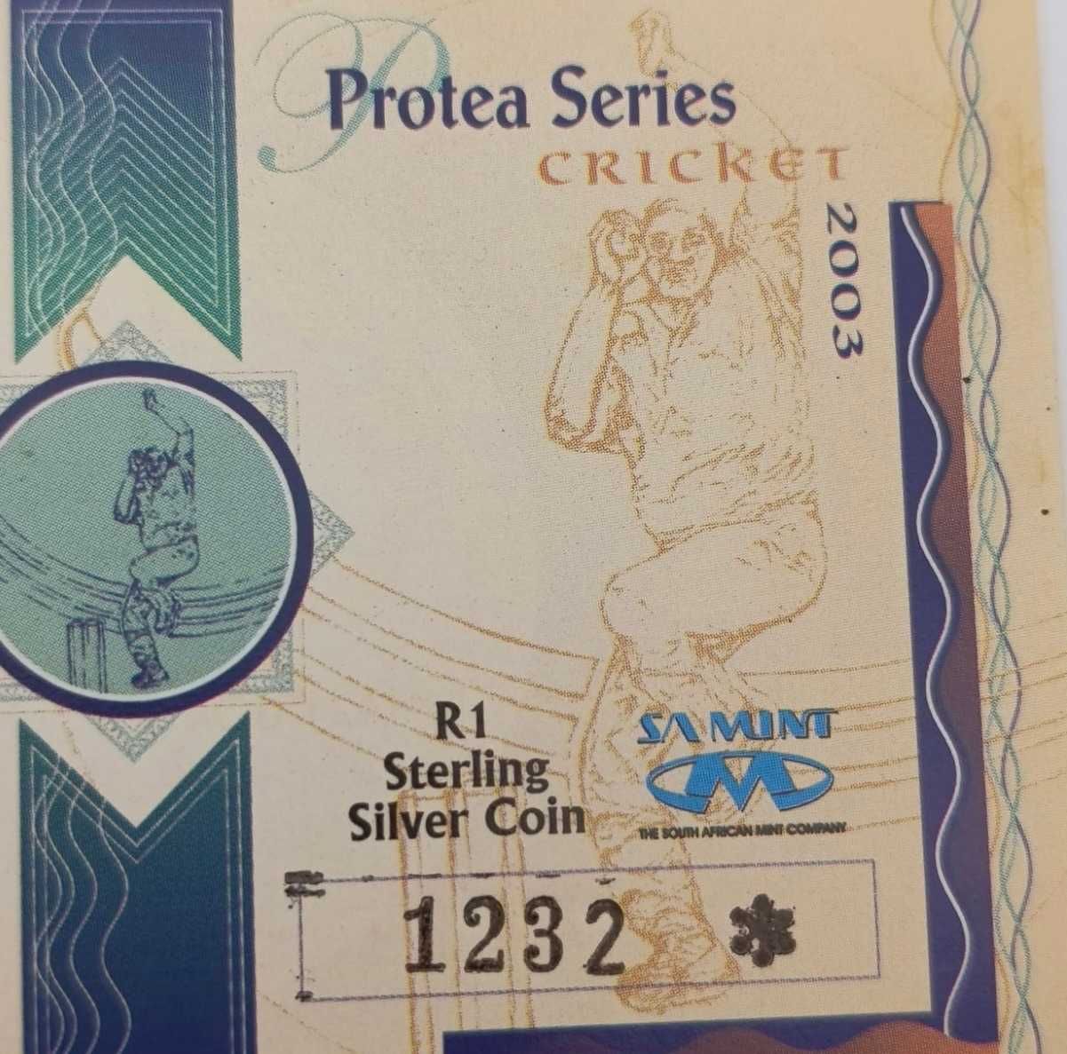 Moeda de prata protea Cricket R1 proof de 2003 da RSA (Reservado)