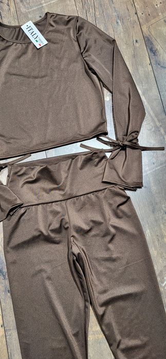 Komplet damski bluzka top legginsy czekolada wysoki stan wiązania S M