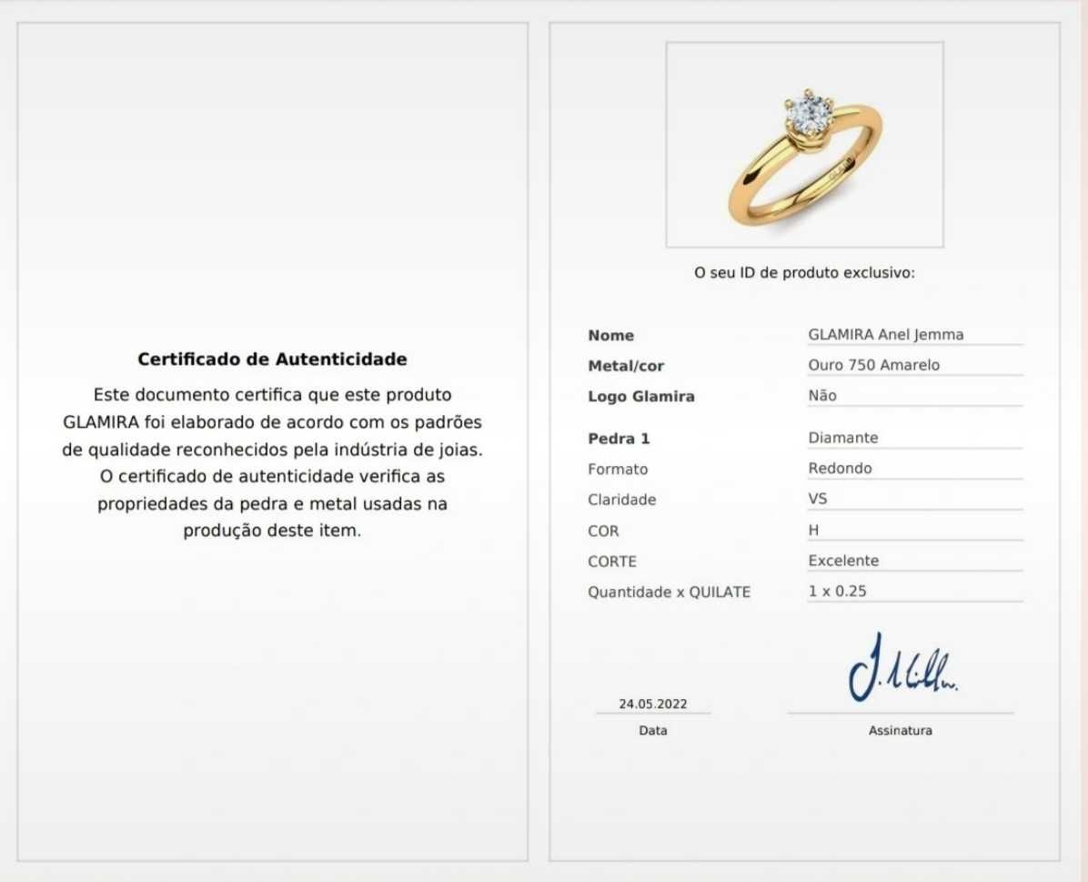 Anel de noivado - solitário com diamante -certificado de autenticidade