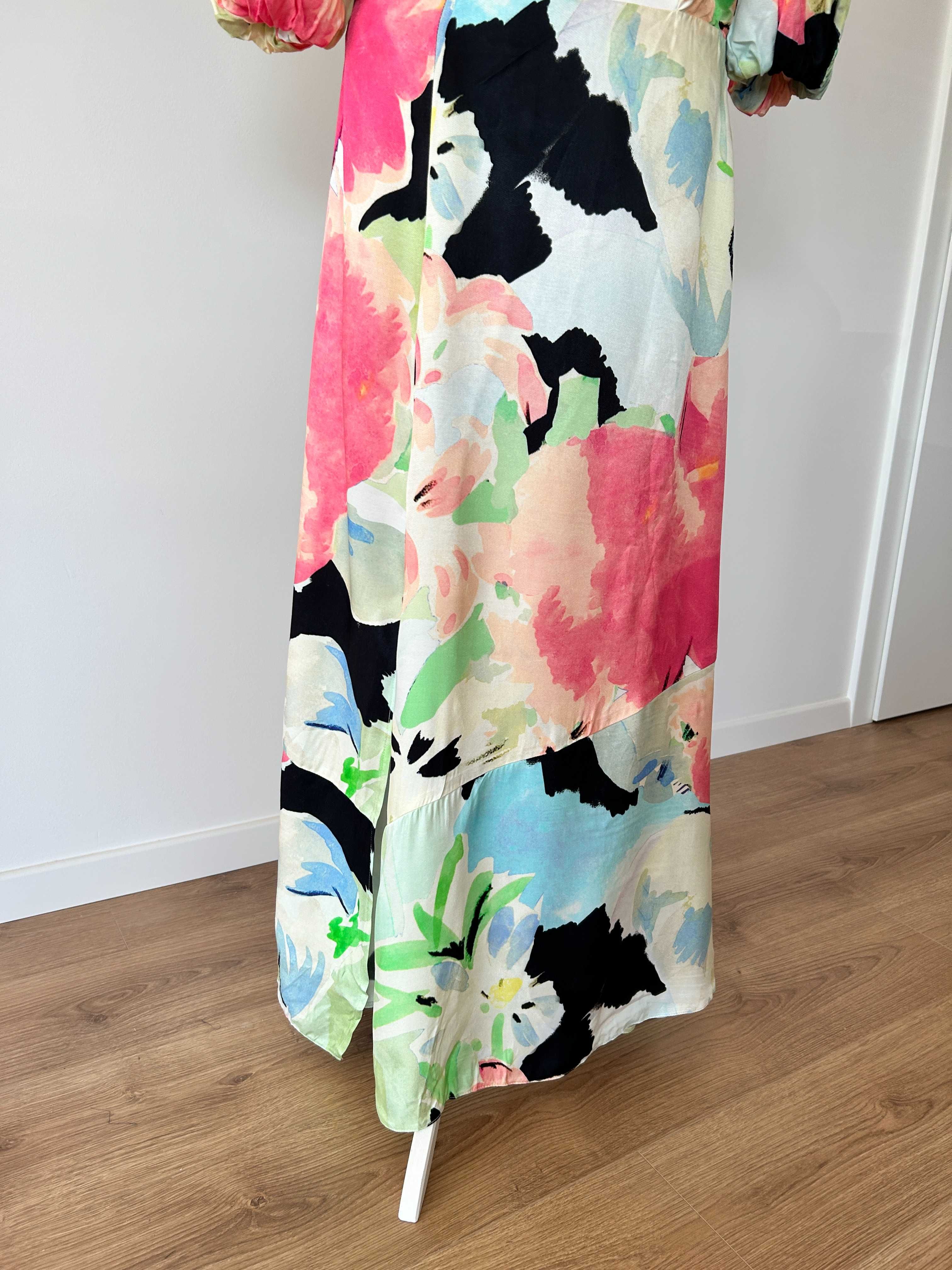 Asos midi sukienka z wiskozy z wycięciem bufki kwiatowy print 44 XXL