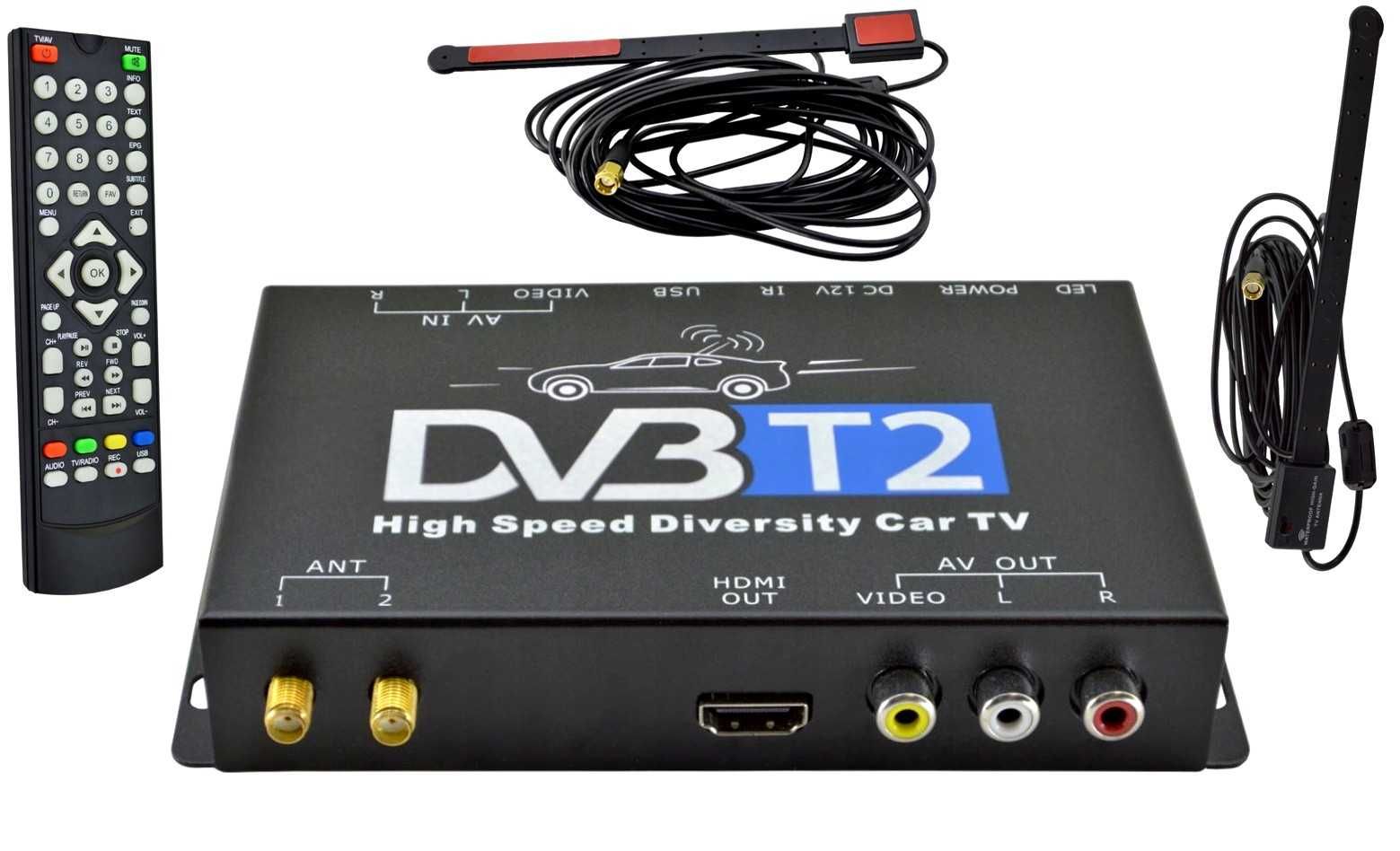 Samochodowy Tuner Cyfrowy TV DVBT2 H.265 HEVC HDMI 2x antena 12V 24V