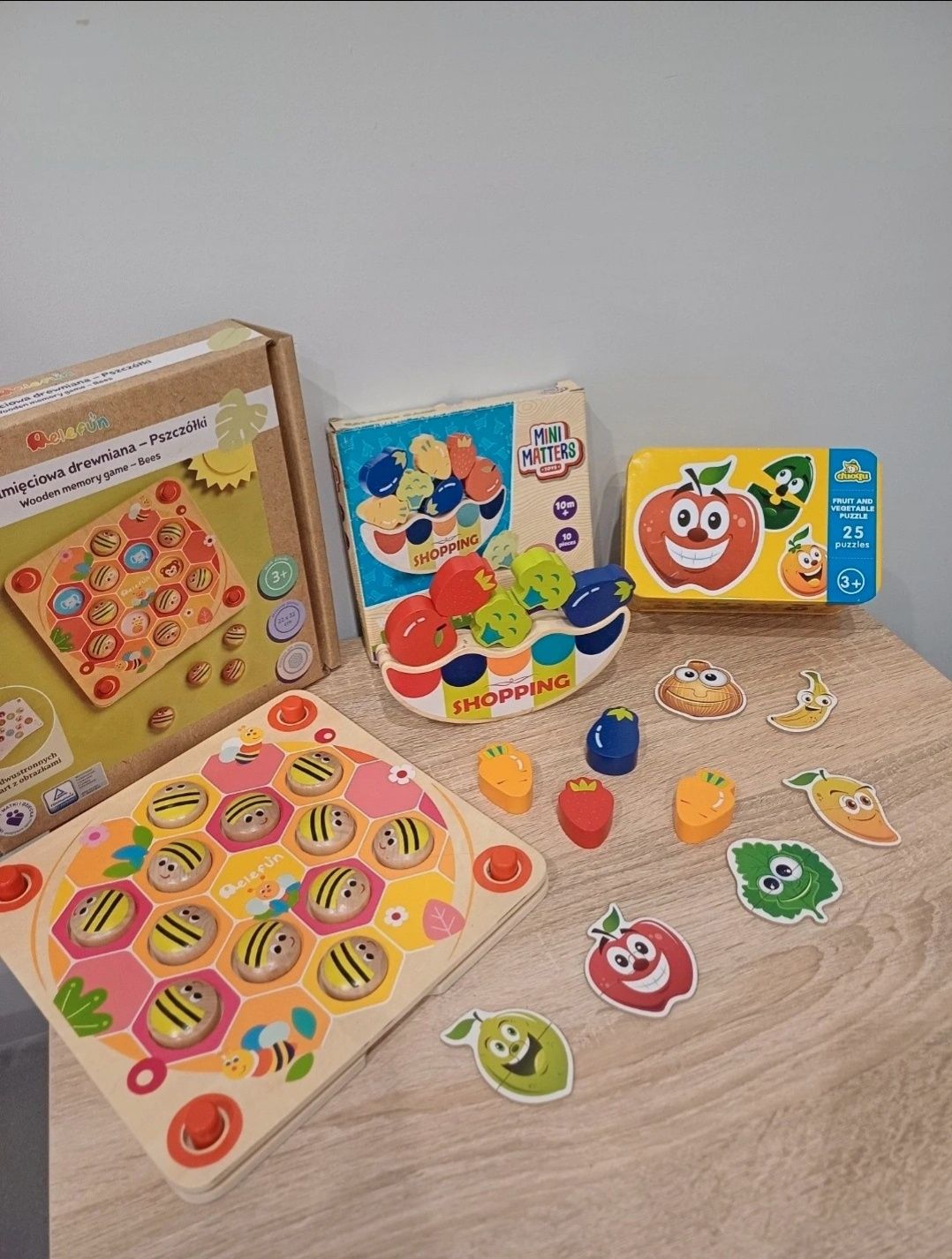 Drewniany zestaw Montessori,memory, drewniane puzzle owoce i warzywa,p