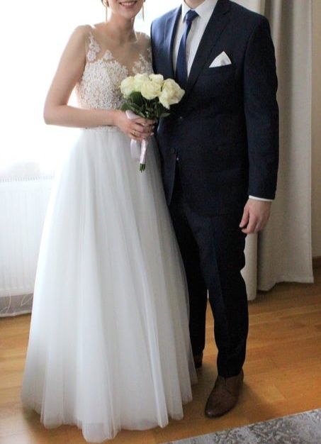 Suknia ślubna na ramiączkach koronkowa góra tiul rozm. 36 wzrost 170cm