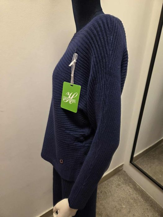 Damski Komplet Dzianinowy Sukienka i Sweter Granatowy   L XL