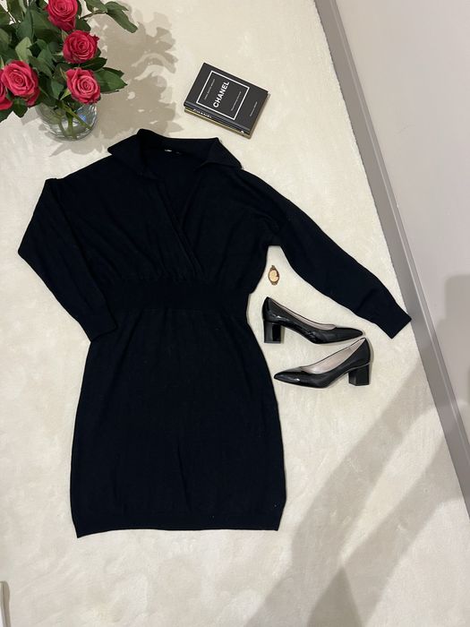 Sukienka wełna merino 100% czarna midi klasyczna codzienna wizytowa