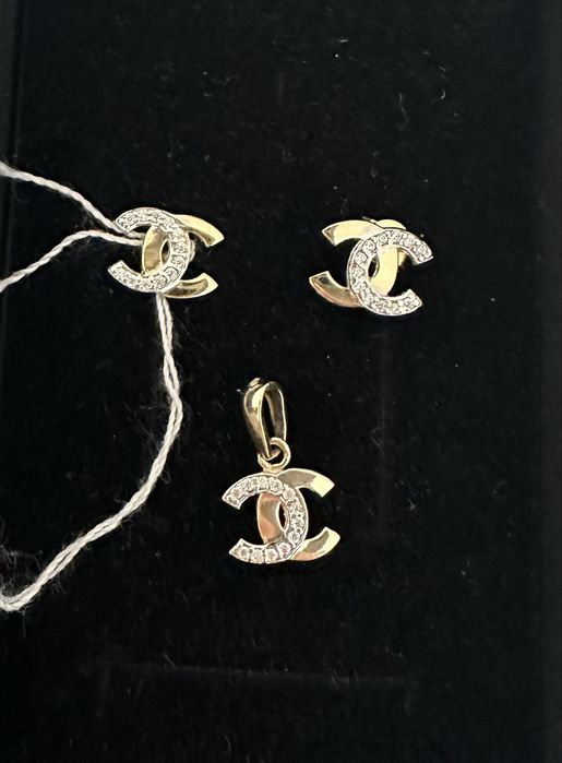 Komplet zloty Chanel kolczyki zawieszka zloto cyrkonie 585 nowe