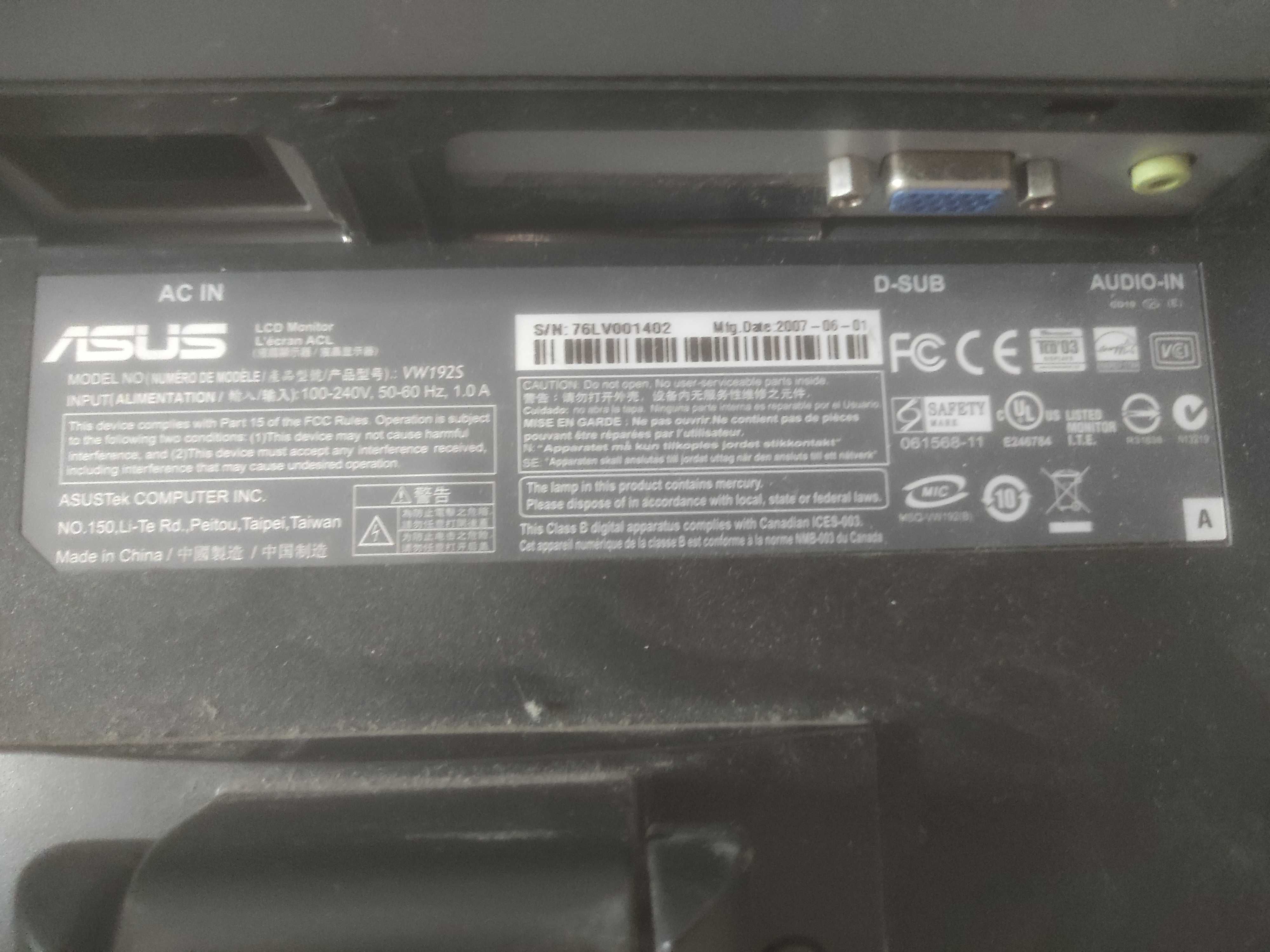 Monitor LCD 19 " Asus vw192s