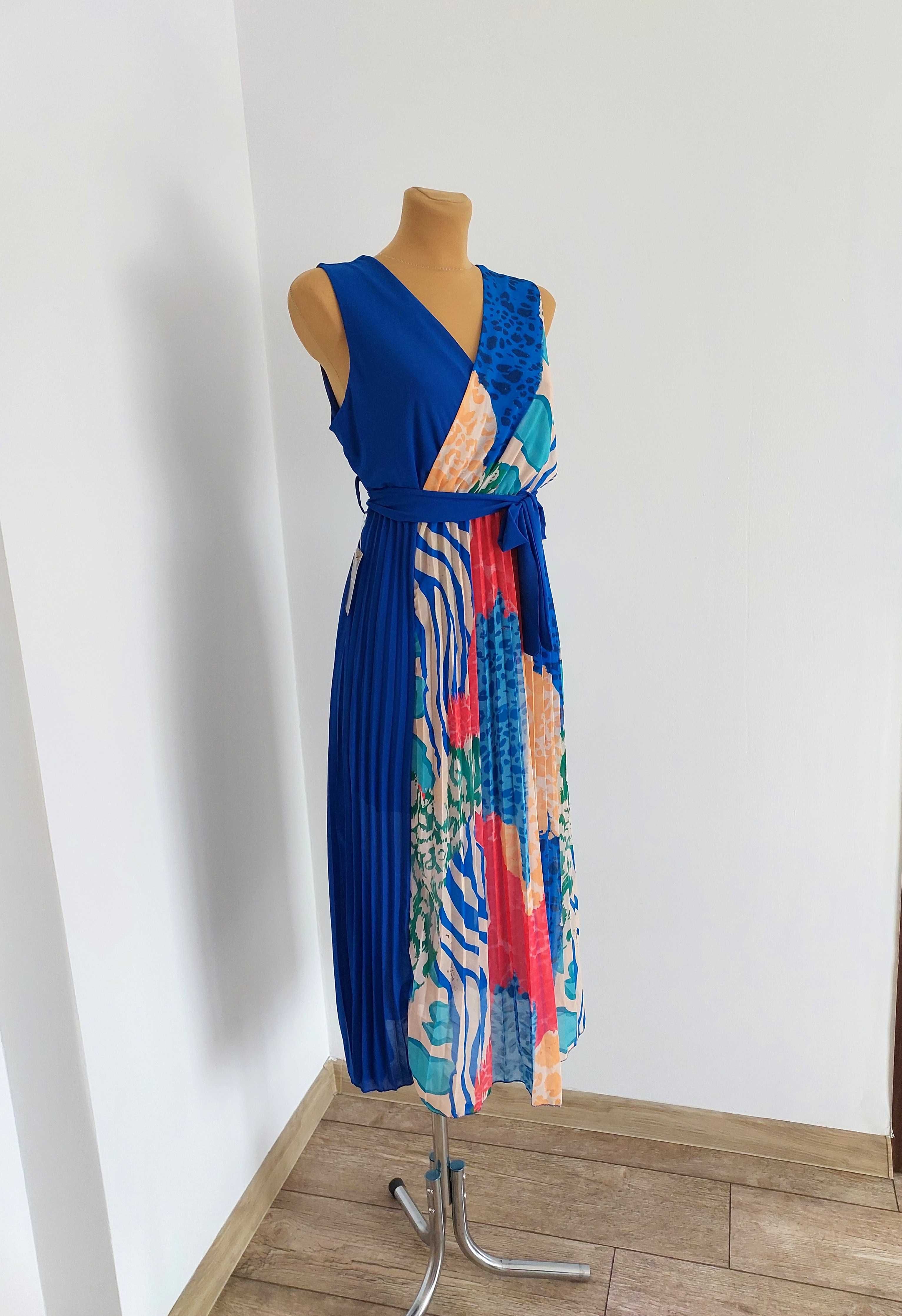 Elegancka Midi Wzorzysta Sukienka Z Paskiem Plisowany Dół Kobalt L 40