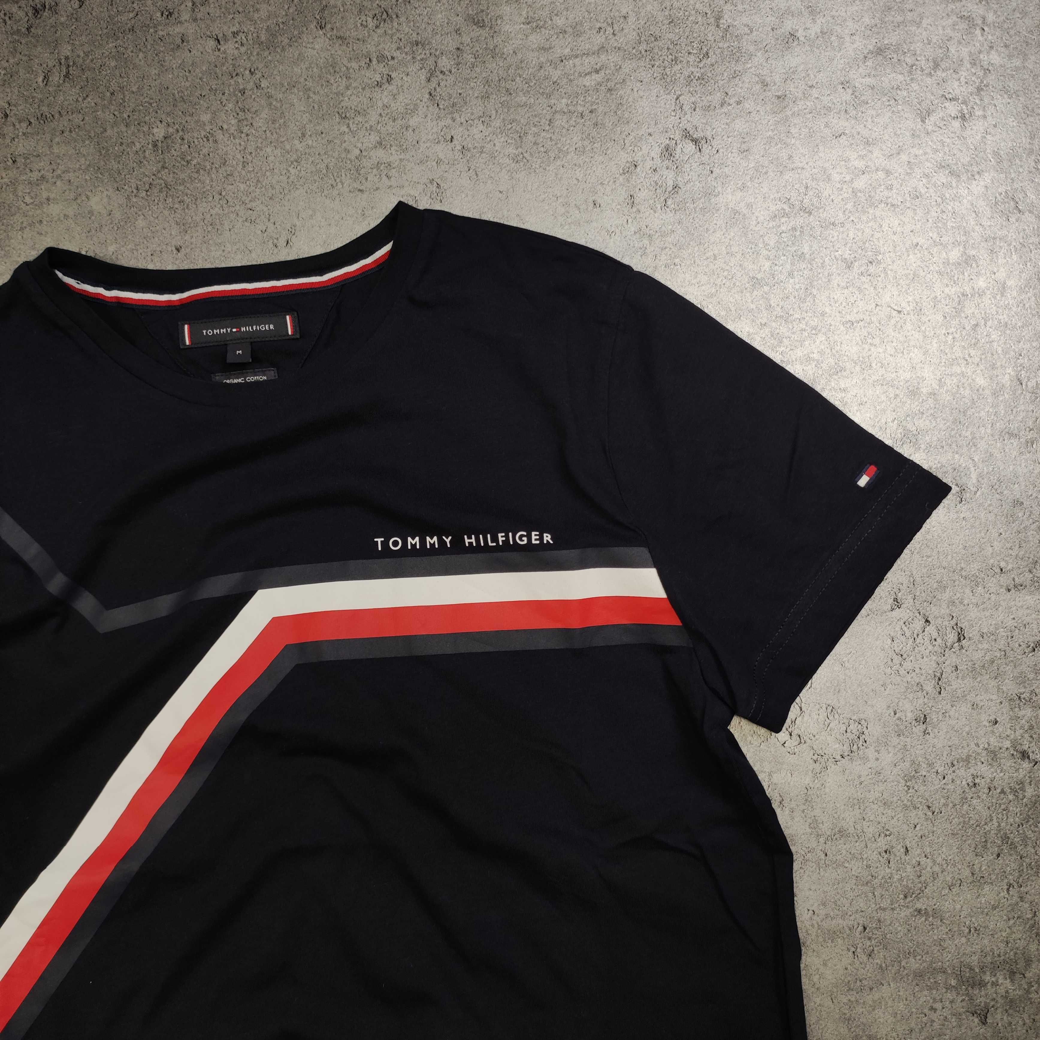 MĘSKA Koszulka Elegancka Granatowa Duże Logo Paski Tommy Hilfiger Haft