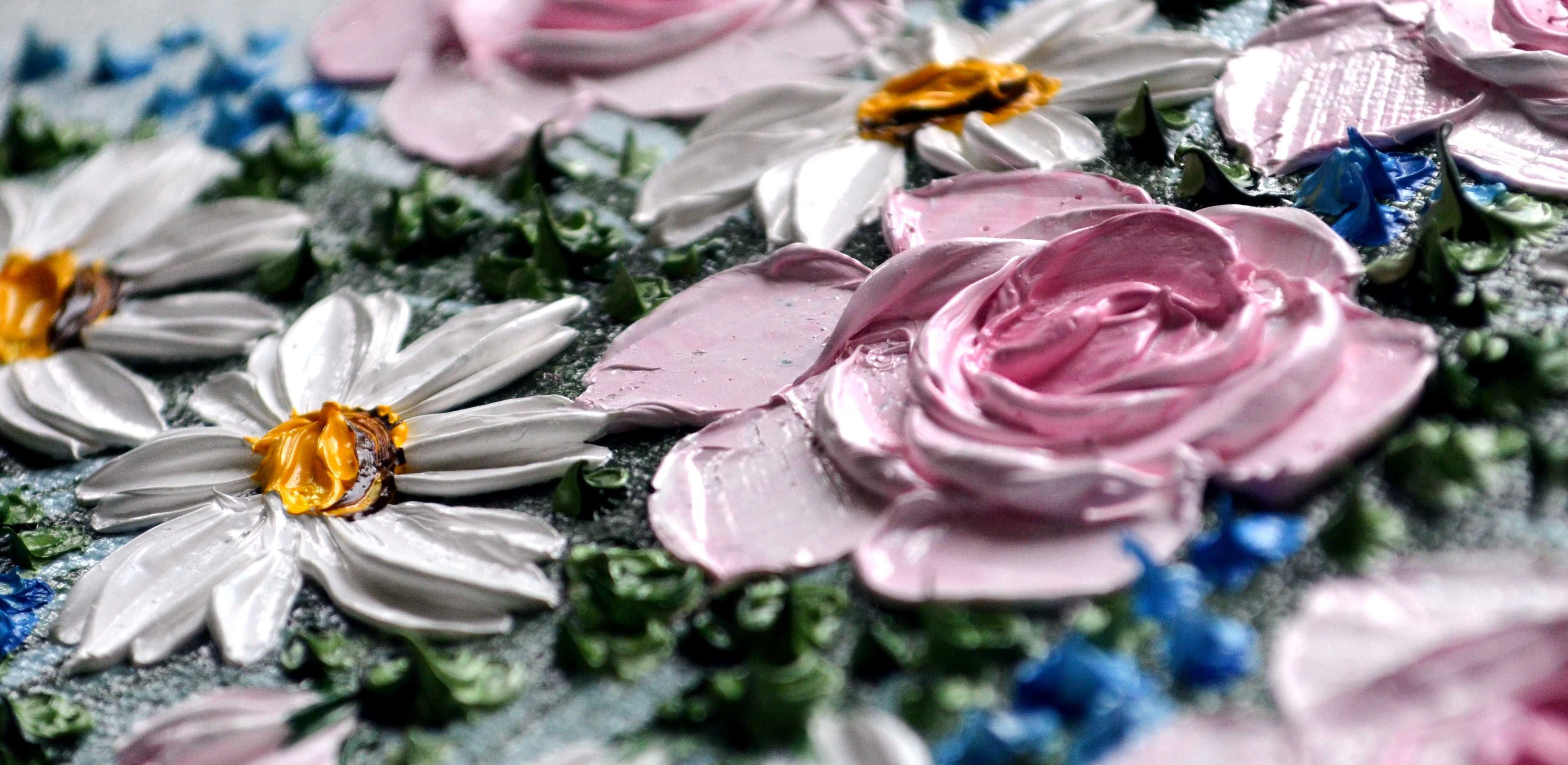 Картина маслом "Букет рожевих троянд" живопис Натюрморт ромашки Цветы