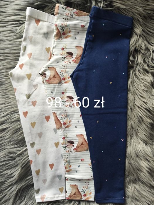 Rozmiar 98 3x no we legginsy spodnie getry dresowe i cienkie serduszka