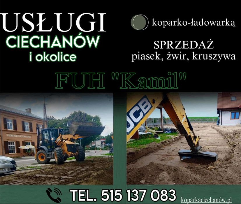 Usługi koparko-ładowarką koparka wykopy melioracja piasek ziemia czarn