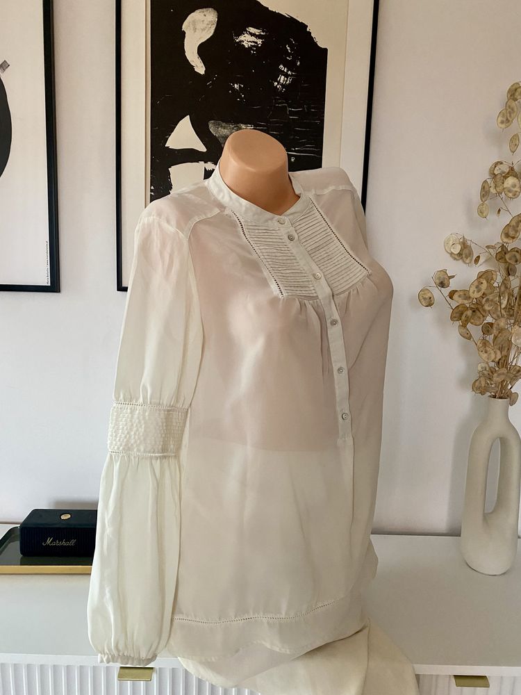 Zara bluzka koszulowa bufki żabot chlopi ecru 38 M
