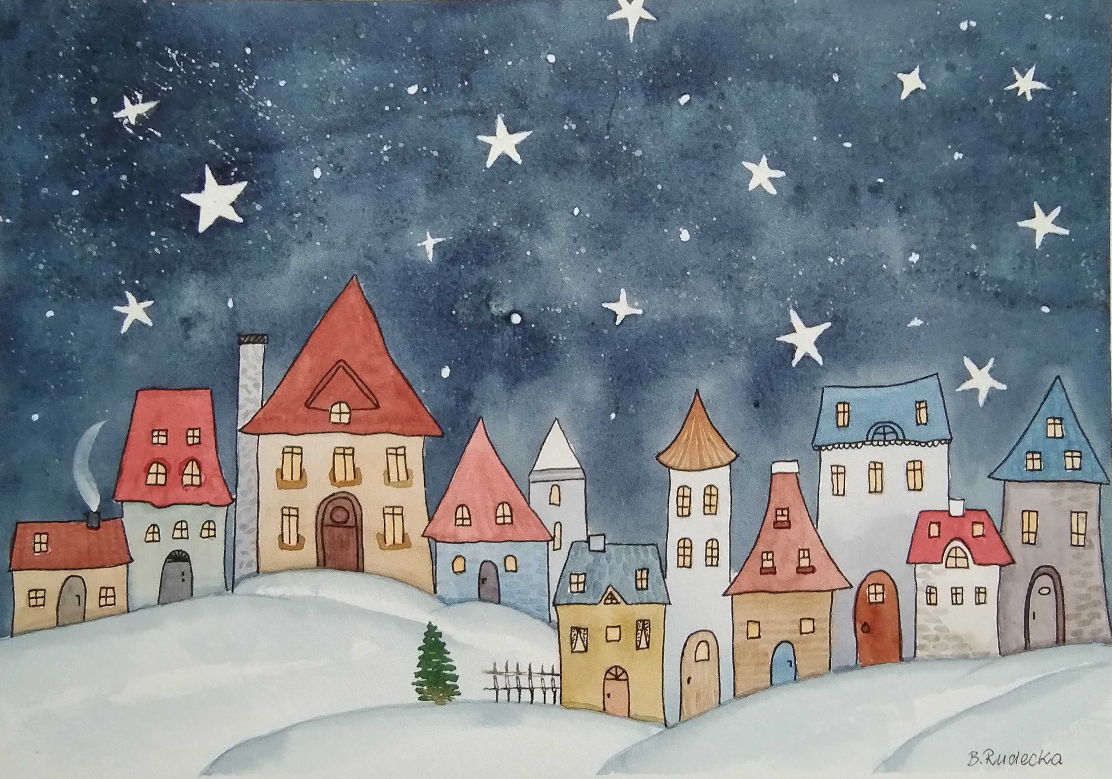 Akwarela Akwarelka Obraz pt. Magiczna Noc.  A4 - 21 x 29,7 cm,