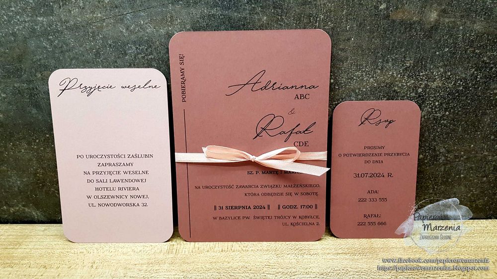 Zaproszenie ślubne z serii JEDNOKARTKOWE model 2 c: zaokrąglone karty