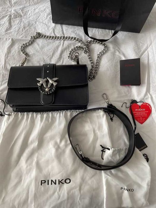 Oryginalna czarna torebka pinko love simply 6 srebrna pasek łańcuch