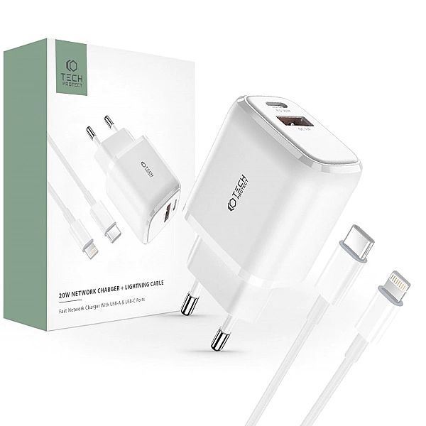 Tech-protect C20w 2-port Network Charger Pd20w/qc3.0 + Lightning Cable