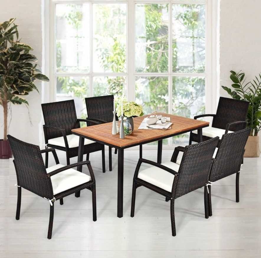 Stół Costway drewno+rattan prostokątny z otworem na parasol 140x75x76