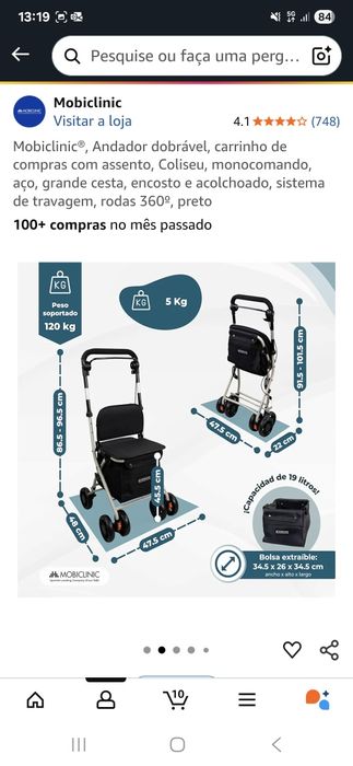 Andador dobrável, carrinho de compras com assento