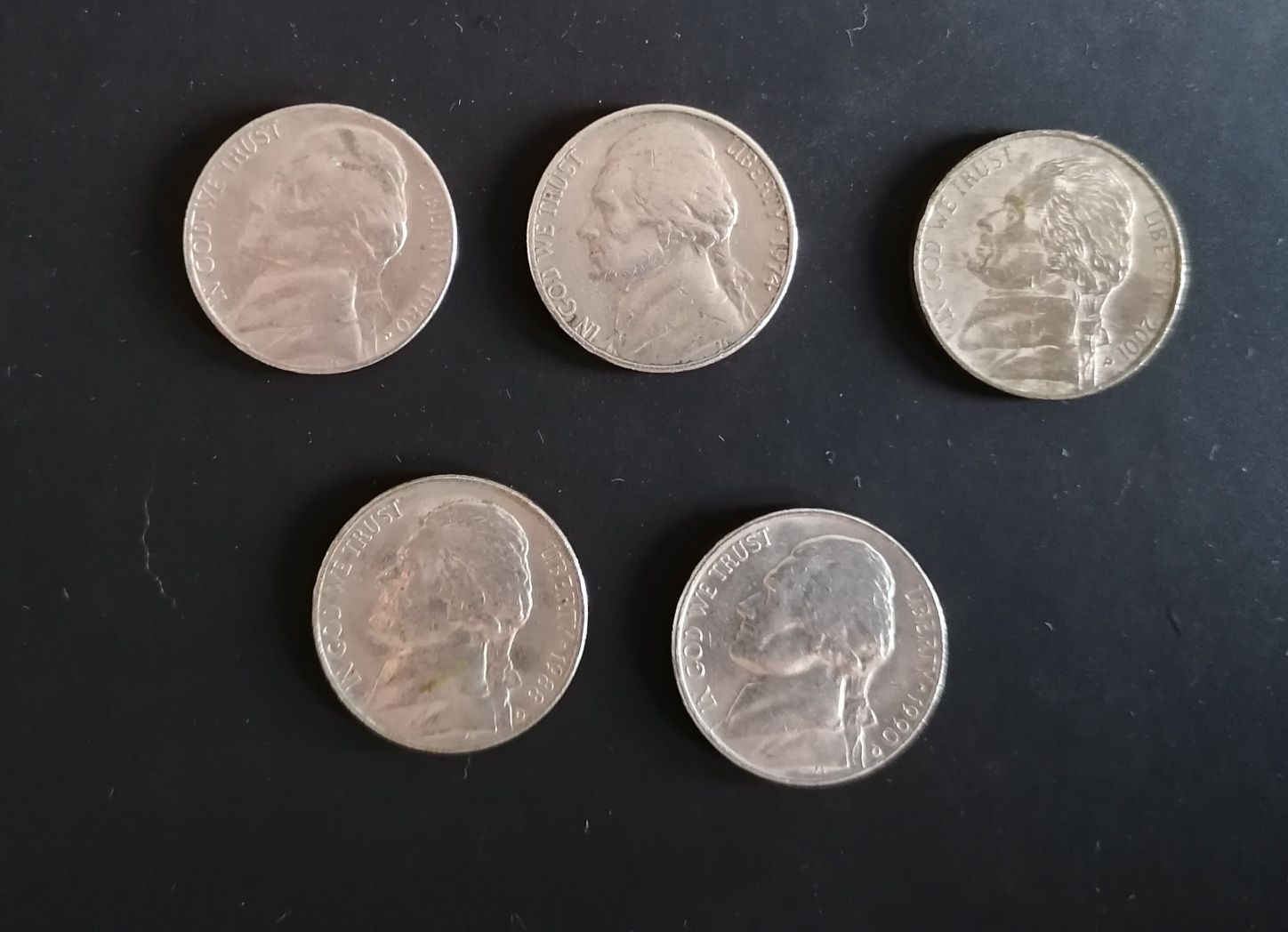 USA lot 5szt 5 centów Monticello 1974, 1980, 1988, 1990, 2001