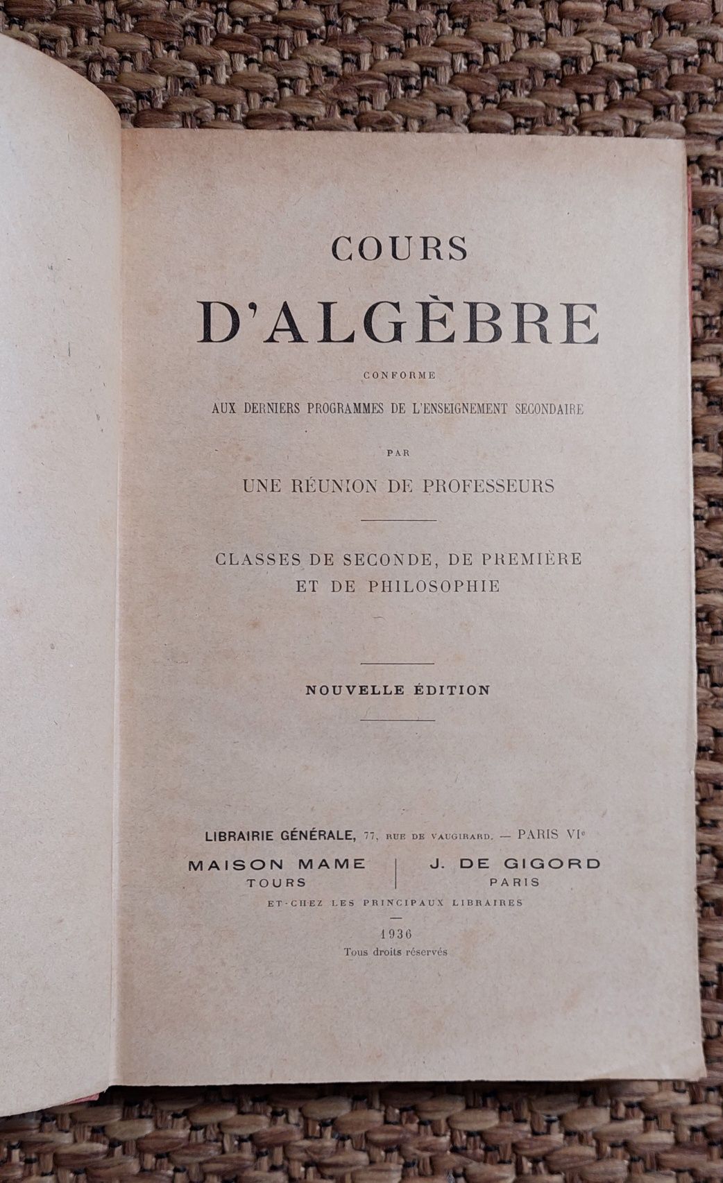 Cours d'Algébre Élémentaire 1936