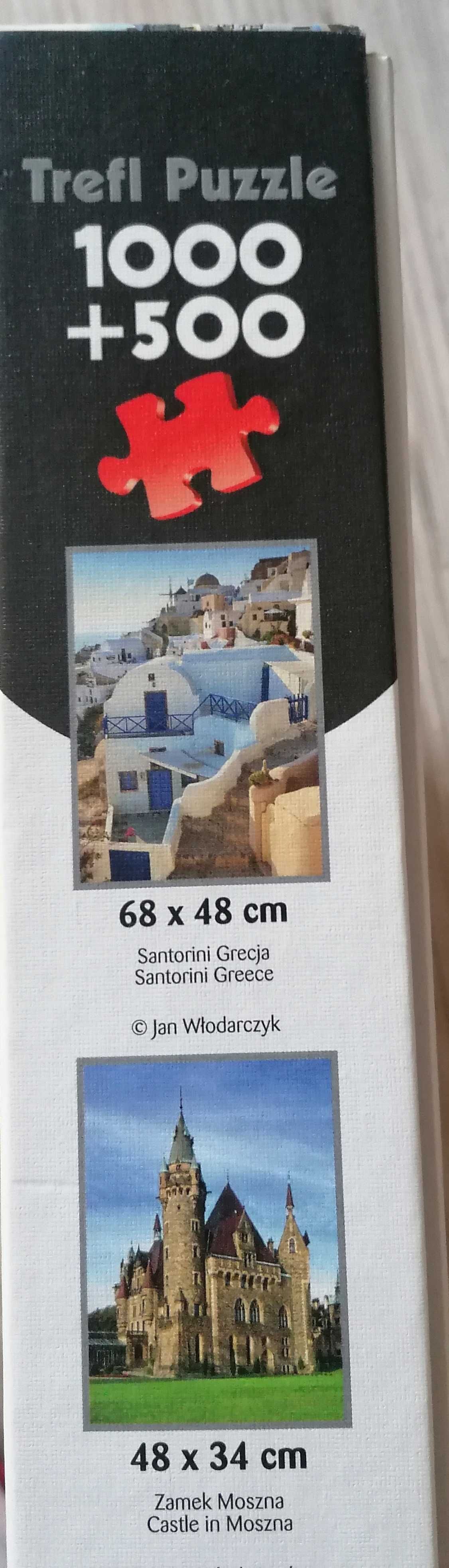Puzzle Trefl 2w1, Santorini Grecja, zamek Moszna, 1000 i 500 elementów