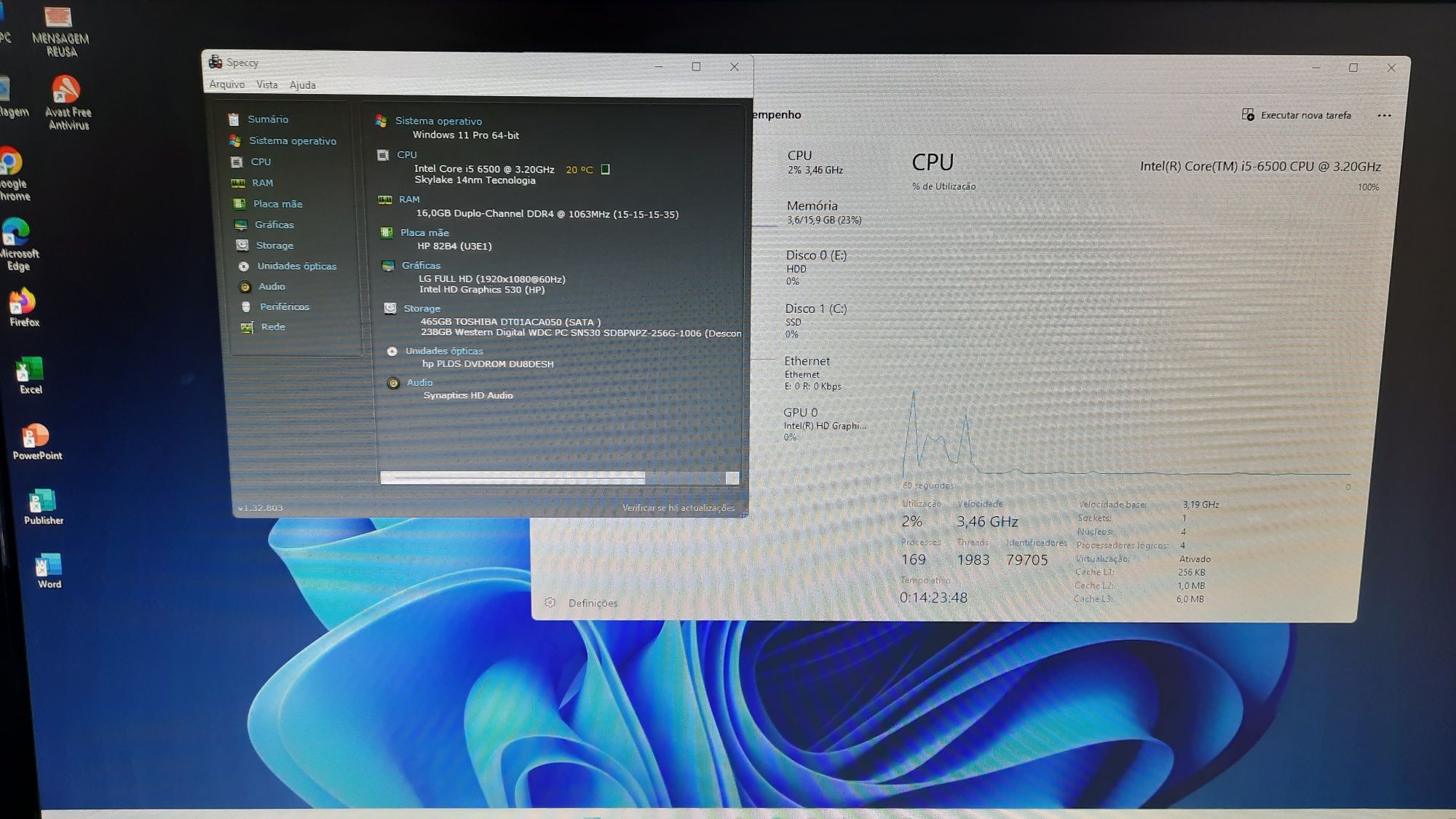 Pç HP 600G3|i5.6500-3.2G|16G-DDr4|NVMe256G+HDD500G|VGA/DP|TPM2.0|W11