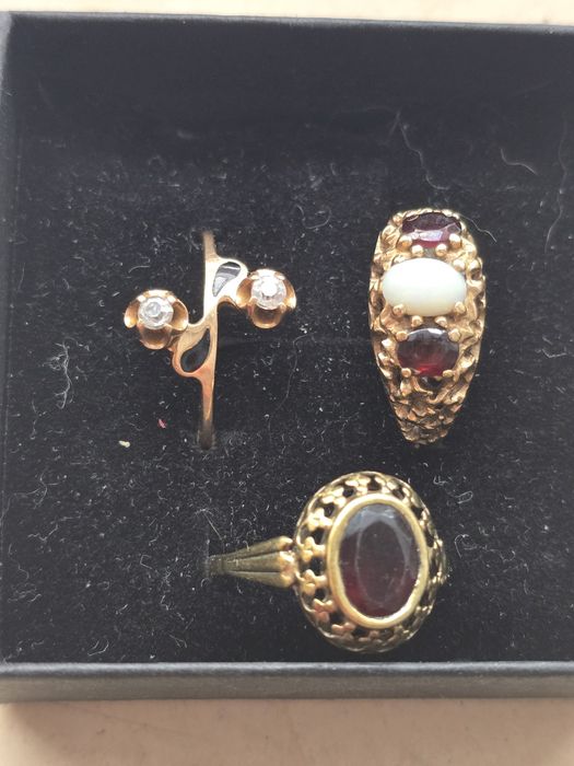 Zestaw 3pierścionków, złote pierścionki antyk, z opalem