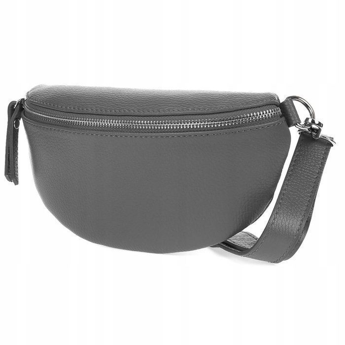 Damska Skórzana Włoska Saszetka Nerka na pasek szara casual stylowa