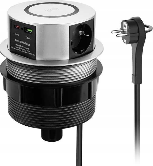Wysuwane Gniazdko USB C PD20W 3x z Ładowarką Bezprzewod 10W do Biurka