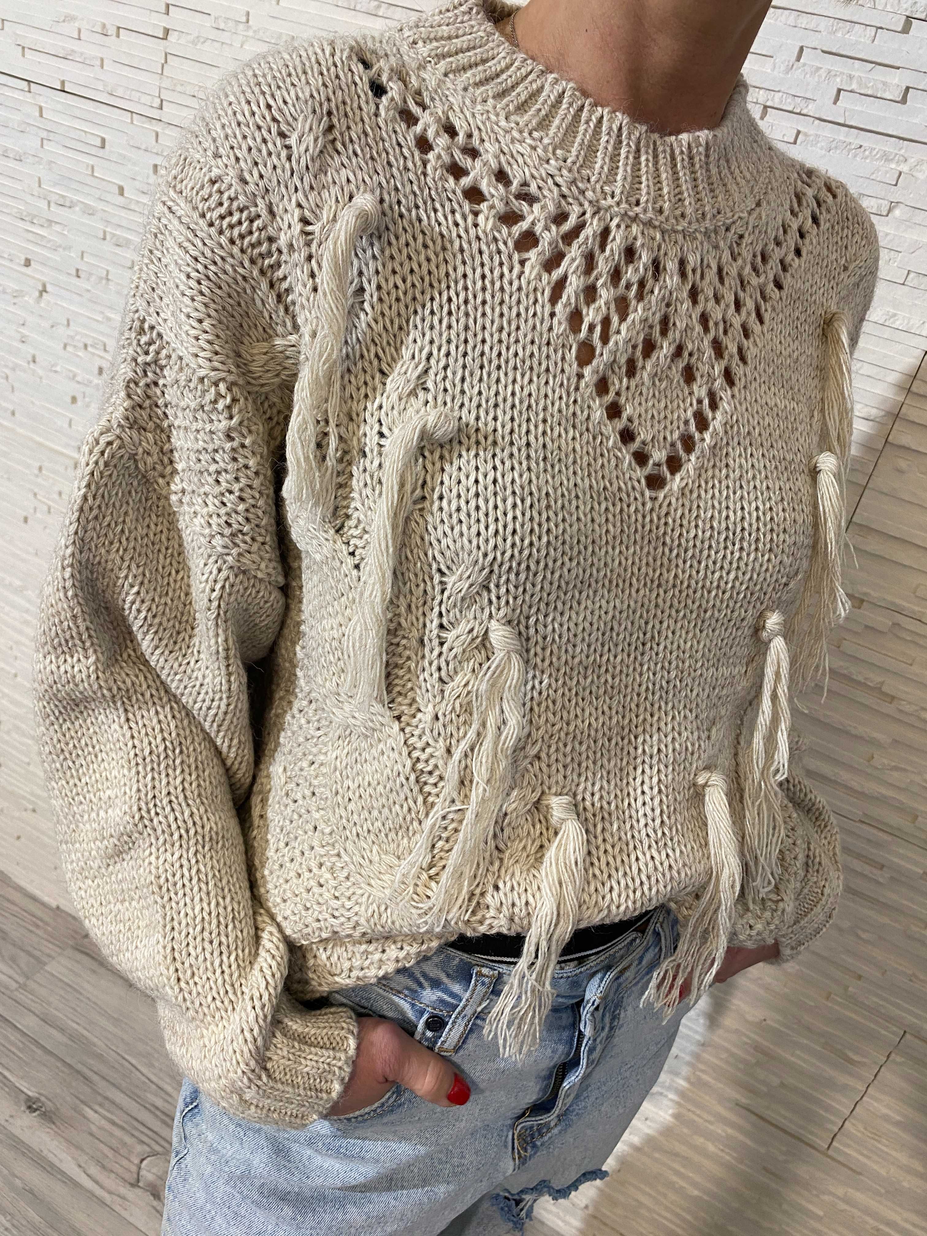 Project runway lemonada nowy beż sweter z frędzlami ażur uni
