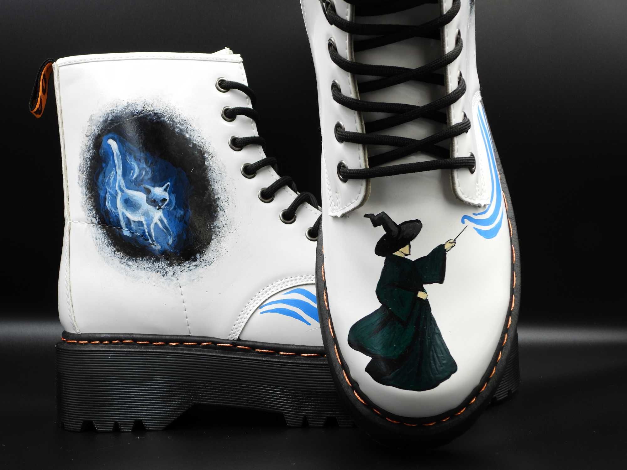 Ręcznie malowane glany trapery białe Harry Potter Minerva patronus 41