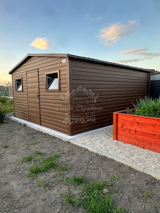 Domek Ogrodowy 5x4m Drzwi 2x okno Ciemny Orzech Rynny  Dwuspad  ID690