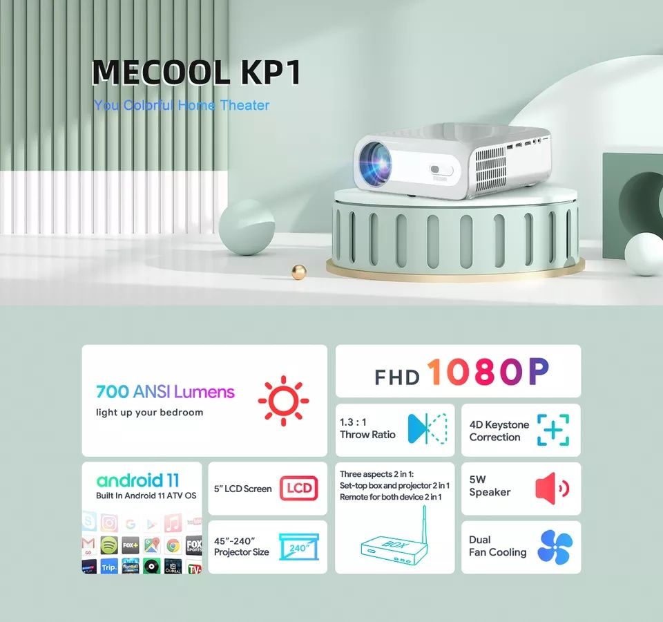 Projetor Mecool KP1 1080p com KD5 Android TV 11 integrado SELADO