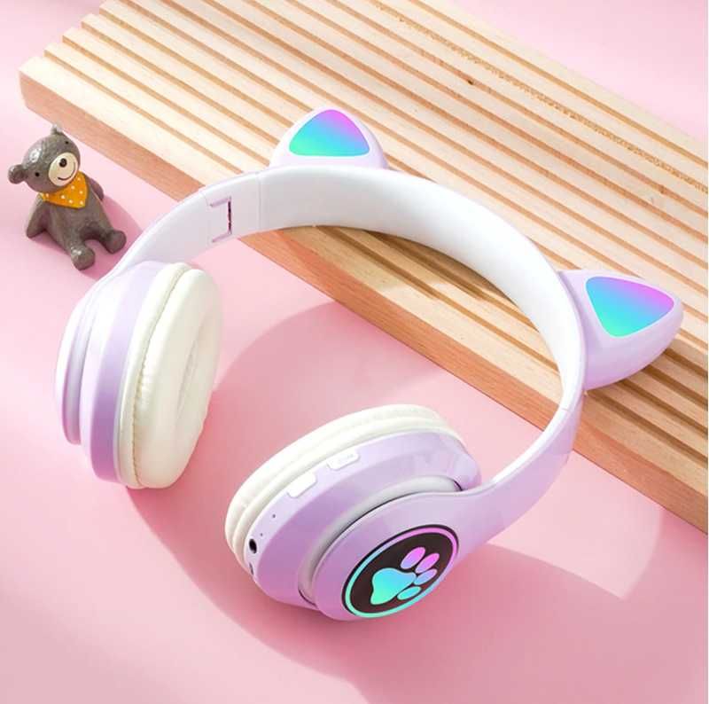 SŁUCHAWKI Dla Dzieci Bezprzewodowe Z Uszami BLUETOOTH RGB Kocie Uszy