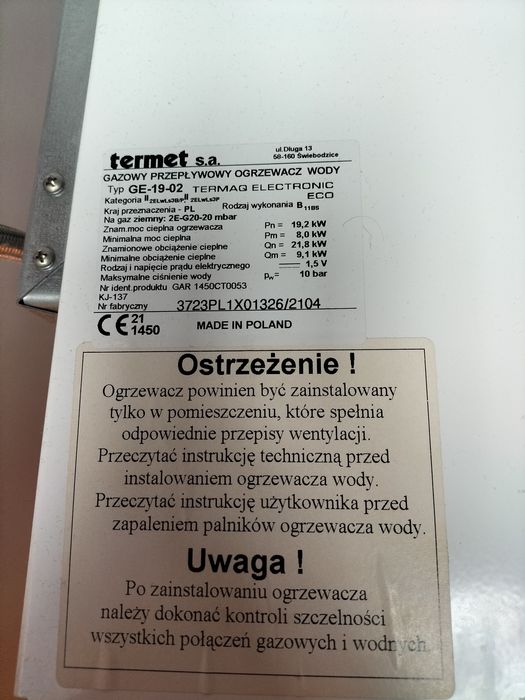 Piec gazowy przepływowy ogrzewacz wody Termet