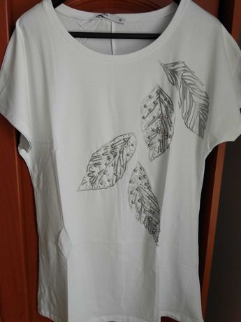 Biały t-shirt z ozdobnymi koralikami rozm. XL nowy z metką!