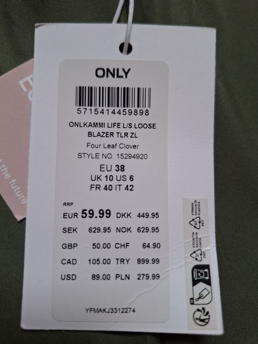 Nowy ONLY żakiet r.38 marynarka 100% wiskoza khaki jak Massimo Dutti