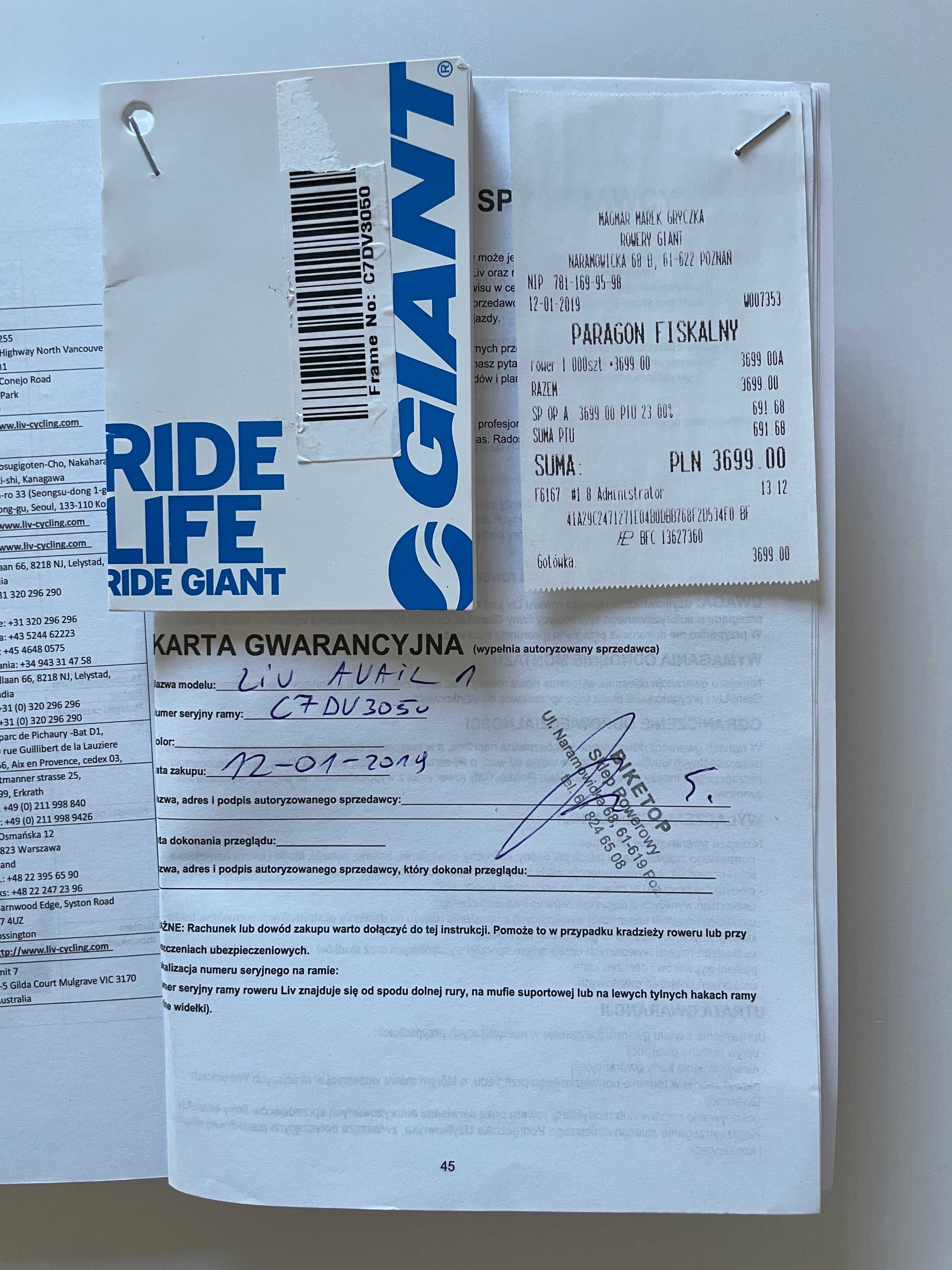 Rower szosowy damski Giant Liv Avail 1 2019, rozmiar S