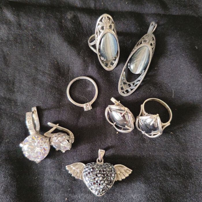 Винтаж серьги кулон серебро фианит гематит кошачий глаз