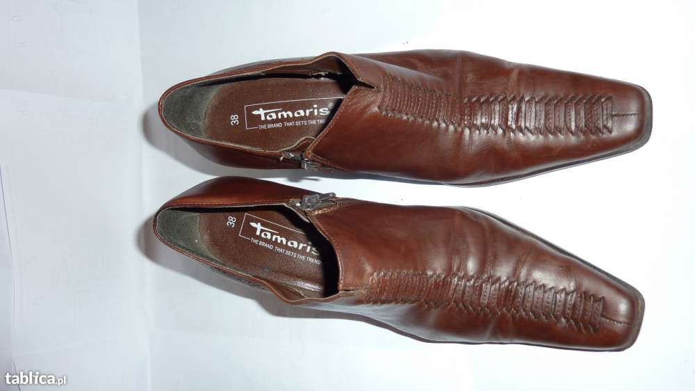 TAMARIS 38 buty botki na obcasie skórzane brązowe skóra brąz obcas