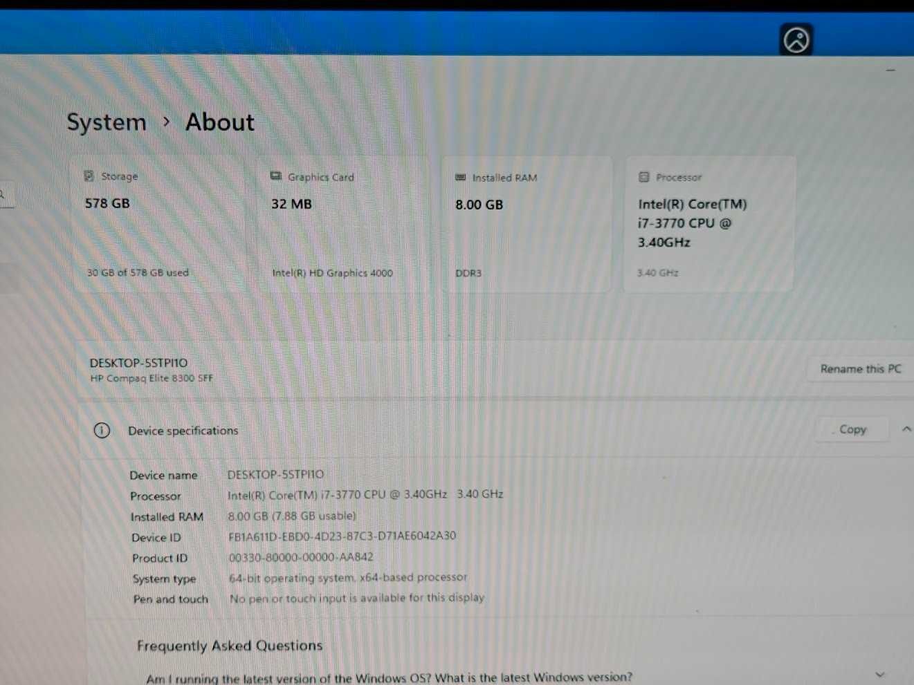 HP Compaq Elite 8300 Small Form Factor: i7-3770 3,4GHz, 8GB RAM