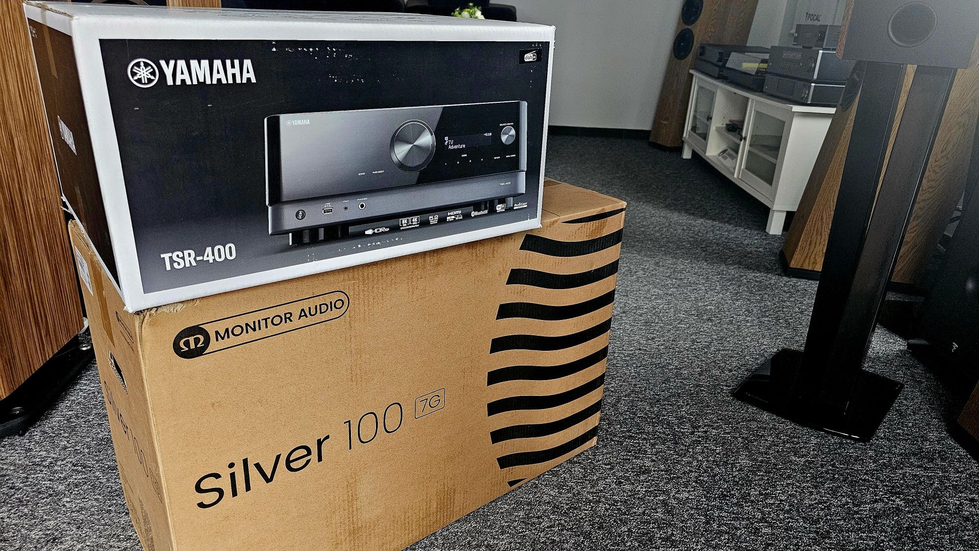 Amplituner Yamaha TSR-400 Monitor Audio Silver 100 7g Kolumny Zestaw