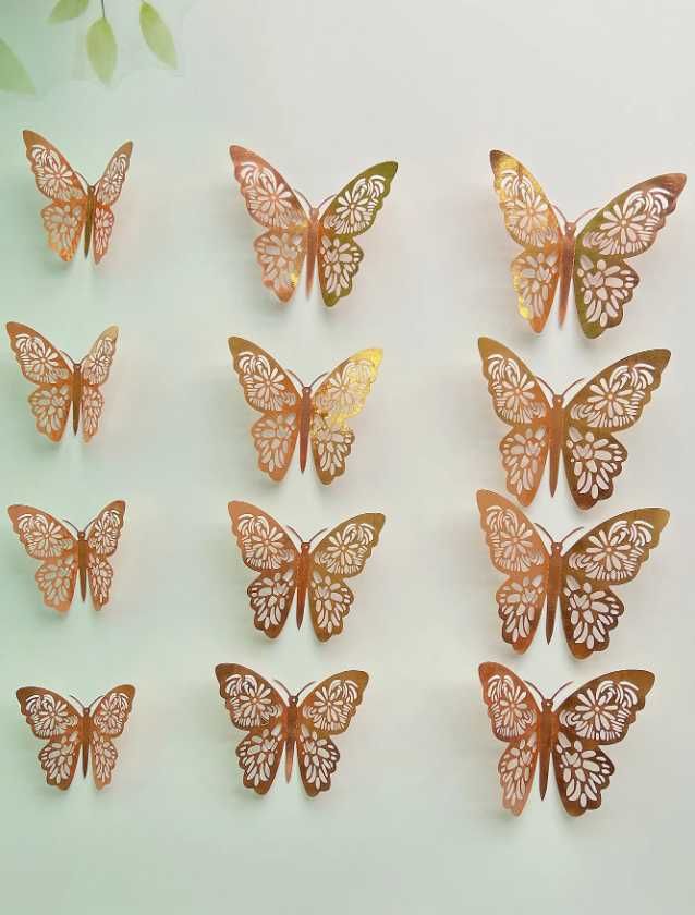 Naklejki na ścianę 3D Motyle Ażurowe Różowe Złoto 12 szt