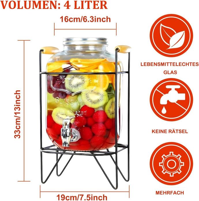 Duscdesp Dozownik do napojów 4 l, ze stojakiem z kranikiem i pokrywką