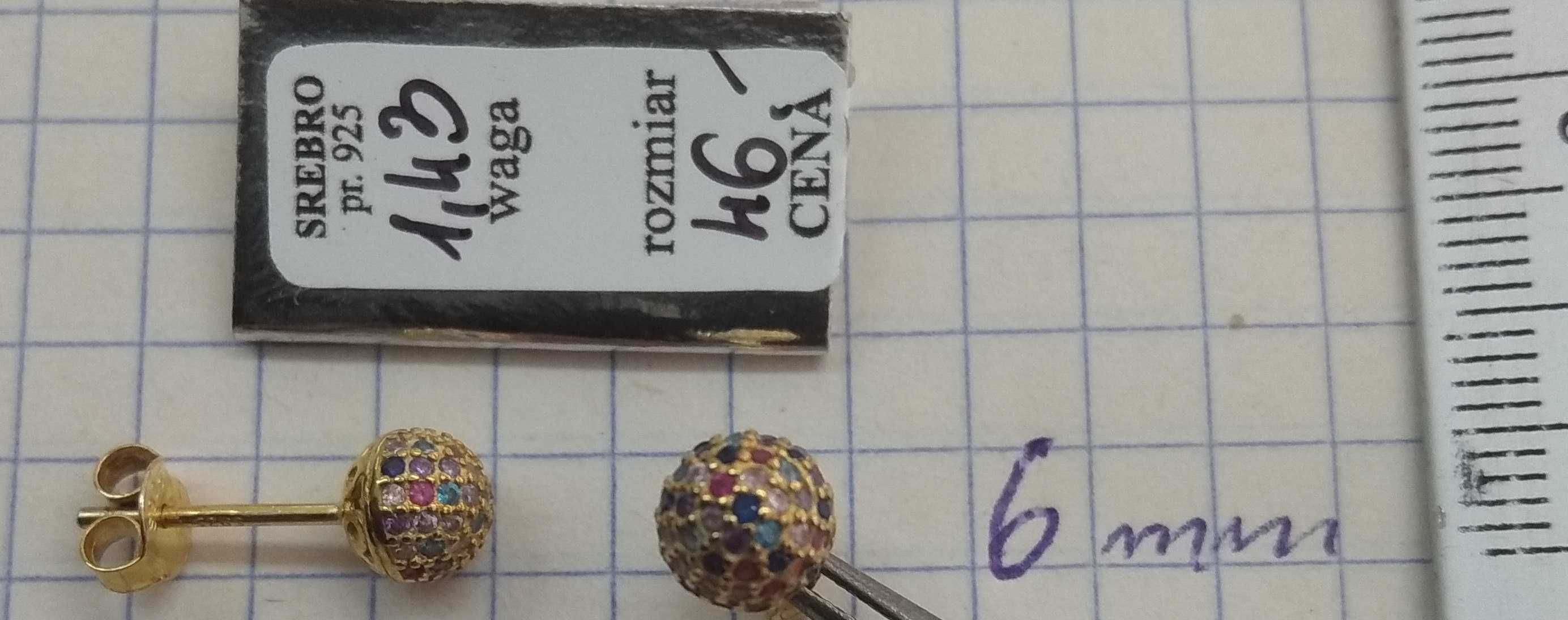 Kolczyki Kule z kolorowymi kamieniami Srebro 925 NOWE złocone 6mm