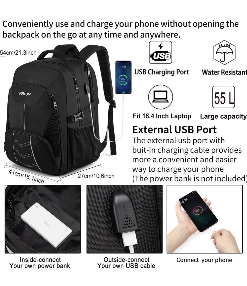 Bardzo duży plecak 55 l, 18,4 cala, na laptopa z portem ładowania USB,