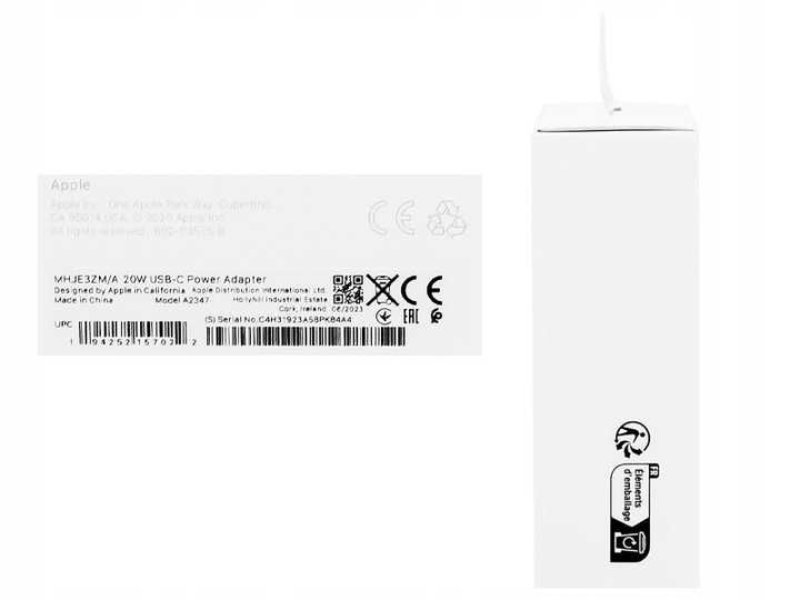 Oryginalna ładowarka sieciowa Apple 20W PD USB C MUVV3ZM/A iPHONE