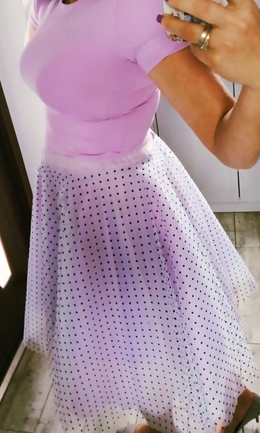 Sukienka dwuczęściowa liliowa w kropeczki spódnica tiulowa i Crop top