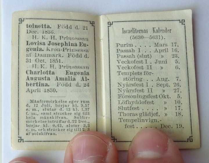 Szwedzki kieszonkowy kolekcjonerski kalendarzyk z roku 1870-zobacz